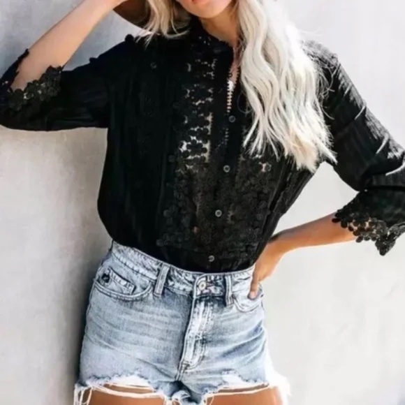 Black Bohemian Lace Crochet Button Front Blouse - Picture 5 of 6